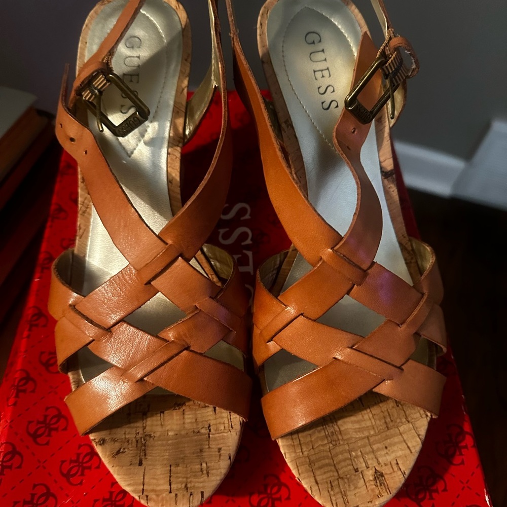 Guess, platform medium natural leather espadrilles, size 8.5, like new.